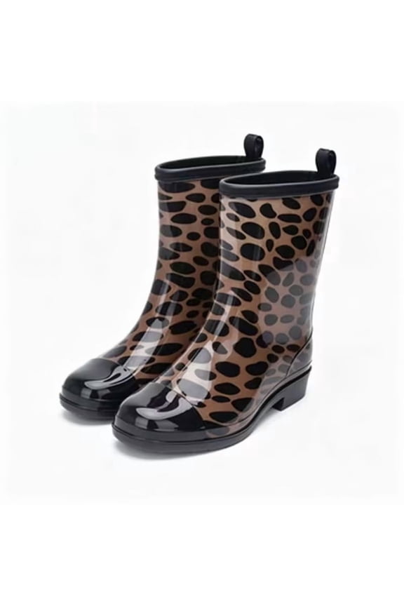 Women Floral Leopard Print Glossy Mid Calf Rain Boots Low Block Heel Non Slip Waterproof PVC Wellies for Gardening Daily Rainy Fashion Outfits Brown 40