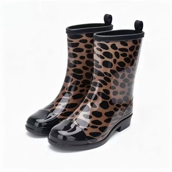 Women Floral Leopard Print Glossy Mid Calf Rain Boots Low Block Heel Non Slip Waterproof PVC Wellies for Gardening Daily Rainy Fashion Outfits Brown 40