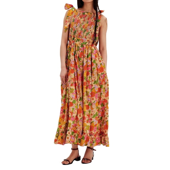 Women Floral Maxi Dress Tie Shoulder Cutout Backless Boho Smocked Flowy Dresses Summer Fall Sundress