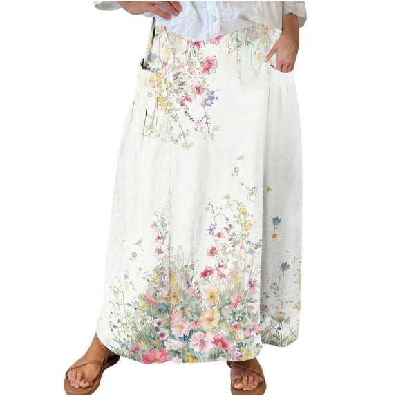 Women Floral Maxi Skirts Loose Boho Skirts High Waisted Dress with Side Pocket Vacation Beach