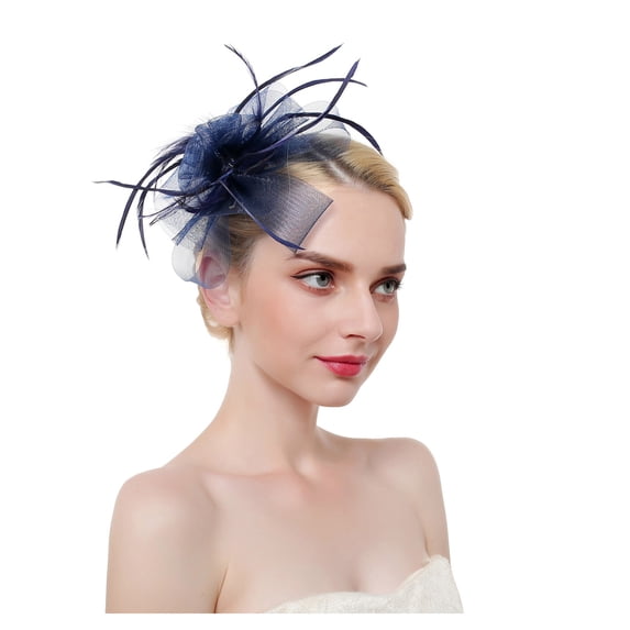 Women Floral Mesh Ribbon Feather Headpiece Cocktail Tea Party Hat Elegant Stylish Retro Headbands 1 Piece Navy one size
