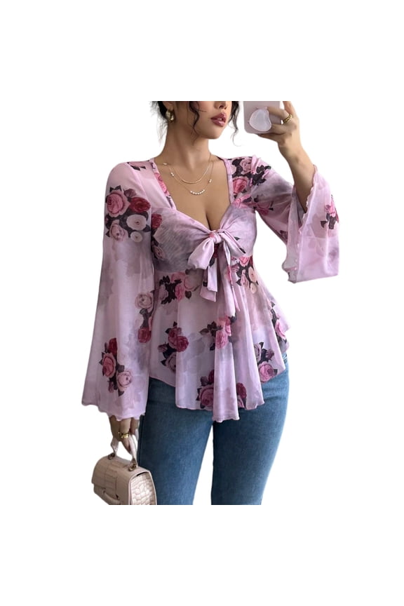Women Floral Mesh Top Tie Front Sheer Blouse Bell Sleeve Babydoll Summer Top