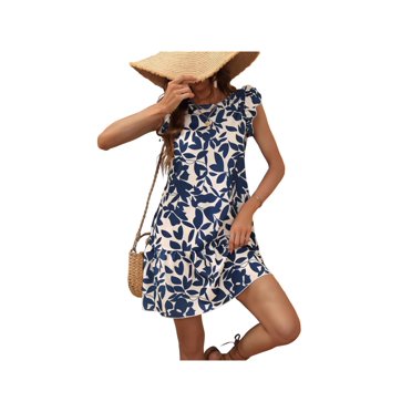 Women Floral Mini Dress Loose Fit Summer Dress Crew Neck Cap Sleeve Beach Dress Casual Ruffled Sundress