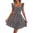 thumbnail image 1 of Women Floral Mini Dress Square Neck Ruffle Shoulder Back Tie A Line Sundress Black S, 1 of 7