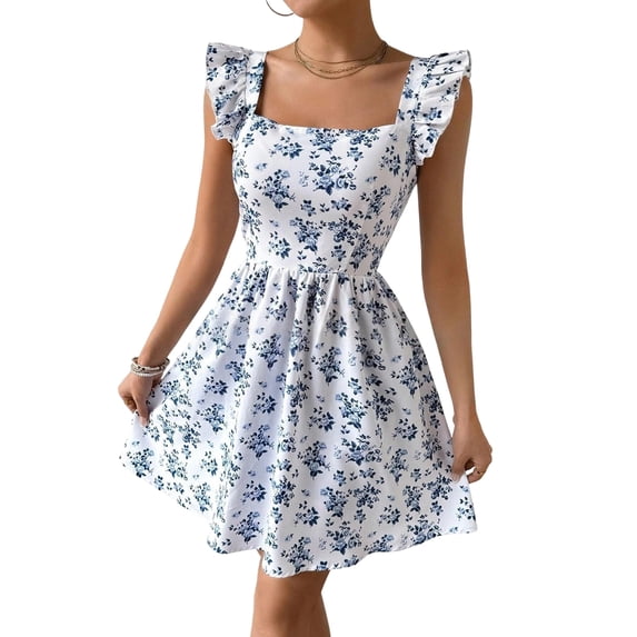Women Floral Mini Dress Square Neck Ruffle Shoulder Back Tie A Line Sundress Blue & White. L