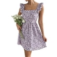 thumbnail image 1 of Women Floral Mini Dress Square Neck Ruffle Shoulder Back Tie A Line Sundress XL, 1 of 9