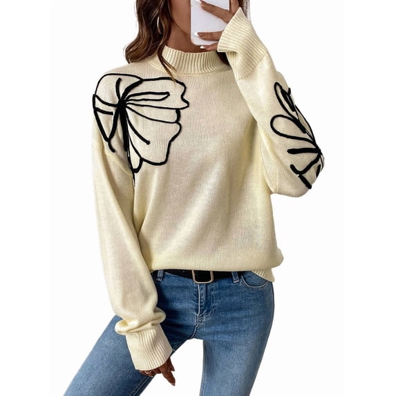 Women Floral Mock Neck Long Sleeve Sweaters Dressy Casual Cute Pullover Knit Sweater Tops Apricot S