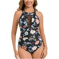 thumbnail image 1 of Women Floral One Piece Swimsuits High Neck Tummy-Control Sexy Mesh Bathing Suit Halter Cutout Ruched Swimwear Multicolor, XXL, 1 of 5