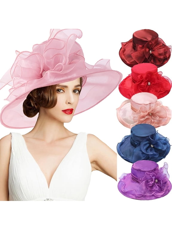 Women Floral Organza Tea Party Hat Ladies Flat Brim Bridal Shower Hat Church Hat Fascinator
