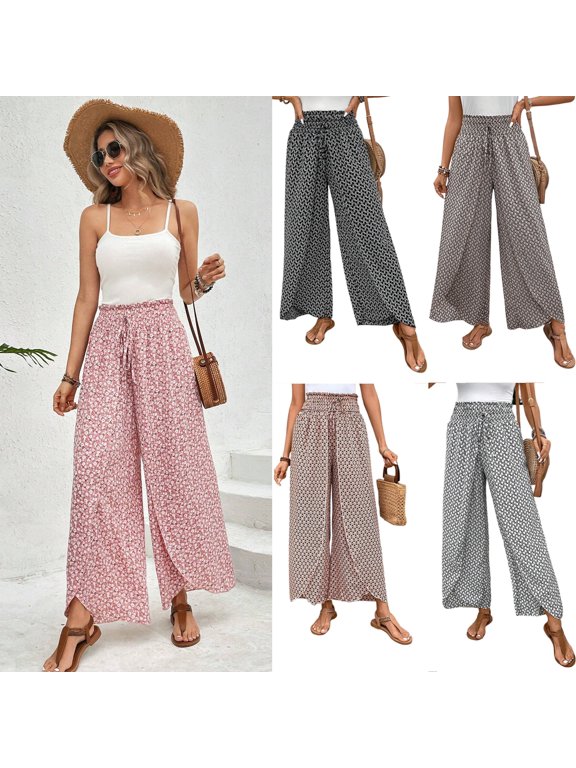 Women Floral Palazzo Pants High Waist Drawstring Split Hem Wide Leg Trousers Stretch Summer Beach Casual Bottoms Black S