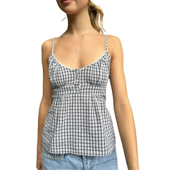 Women Floral/Plaid Print Cami Top Y2k Spaghetti Strap Lace Grunge Button Down Tie Back Tank Top