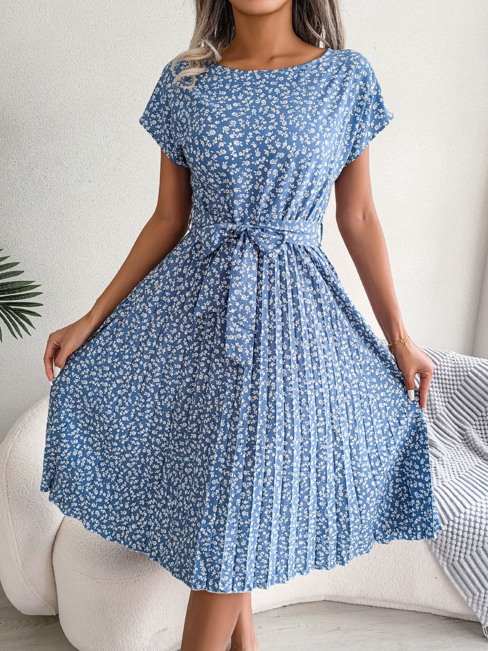 Women Floral Pleated Dress Summer Casual A-Line Flowy Midi Dress Formal Wedding Guest Dress
