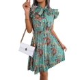 thumbnail image 1 of Women Floral Pleated Knee-Length Dress Vacation Crew Neck Sleeveless High Waist Slim Robe Green M, 1 of 7