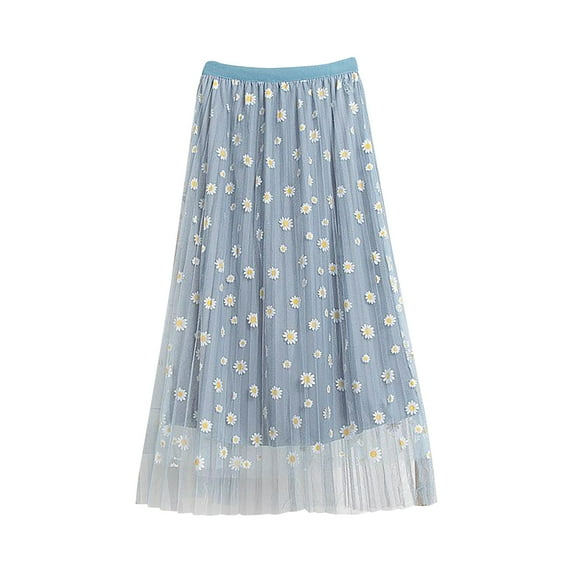 Women Floral Pleated Mesh Overlay Elastic Waist Big Swing A-Line Tulle Skirt Club Basic Leisure Dailywear