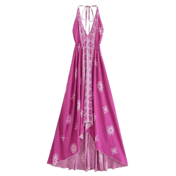 Women Floral Print Backless Sexy Beach Bohemian Maxi Dress Lady High-Low Tassel Strapless Vacation Boho Dress