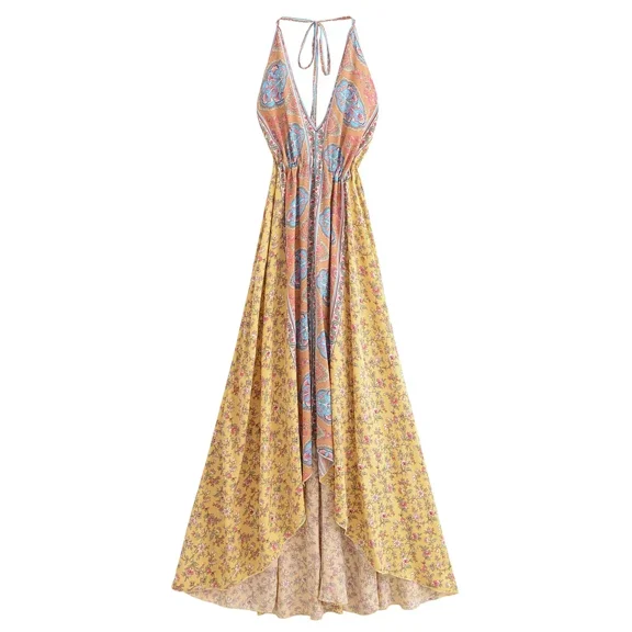 Women Floral Print Backless Sexy Beach Bohemian Maxi Dress Lady High-Low Tassel Strapless Vacation Boho Dress