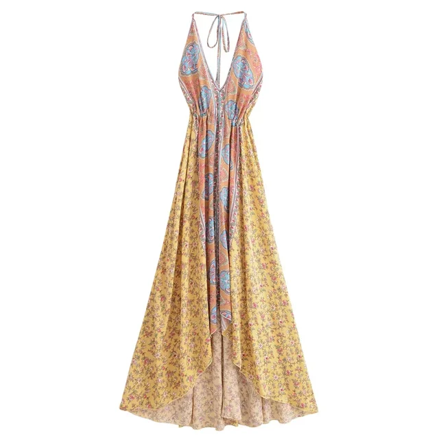 Women Floral Print Backless Sexy Beach Bohemian Maxi Dress Lady High-Low Tassel Strapless Vacation Boho Dress