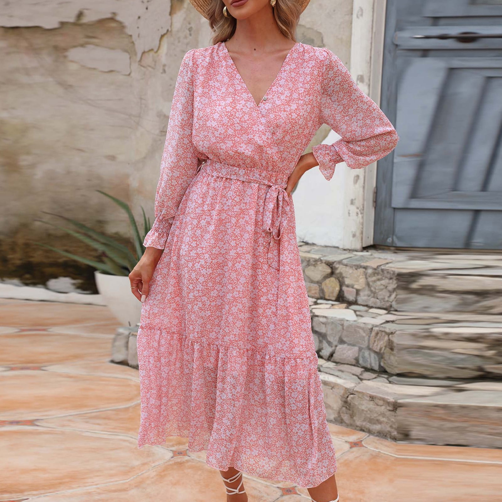Women Floral Print Boho Dress Long Sleeve Wrap V Neck Pleated Belt