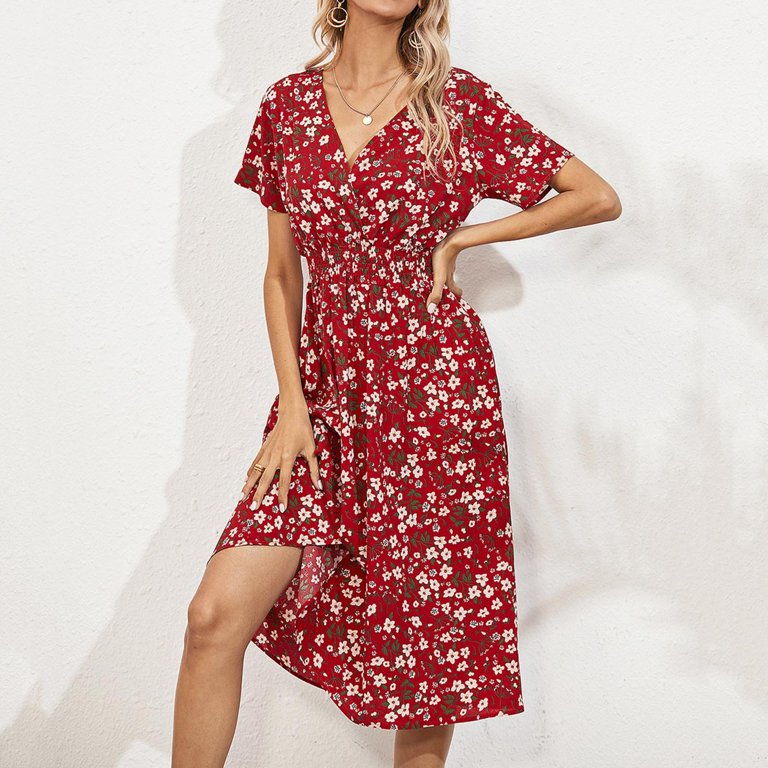 Women Floral Print Casual V neck Short sleeved A line Beach Long Robe Dress Tunic Shirt Dress Sun Dress Maxi Dresses Beach Knee Length Dress Midi