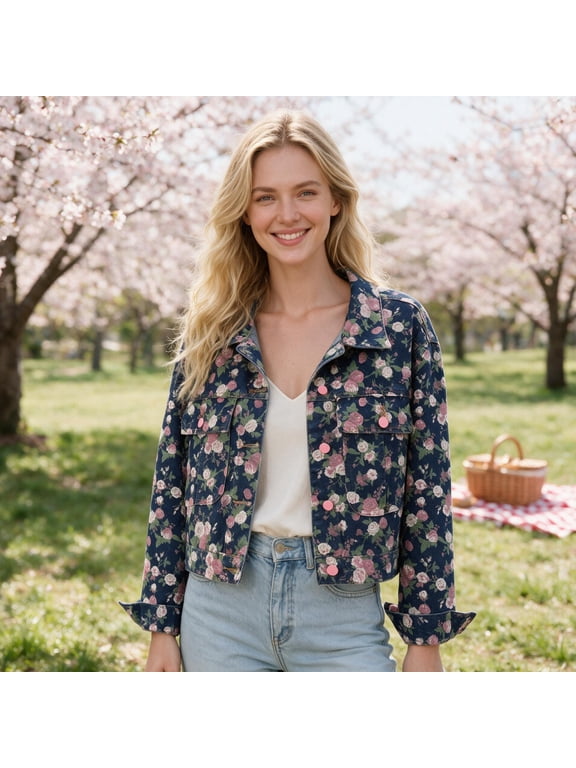 Women Floral Print Cropped Denim Jacket Lapel Long Sleeve Loose Casual Jean Coat for Spring Outdoor Daily Wear