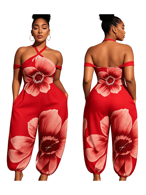 Women Floral Print Halter Jumpsuit Sleeveless Backless High Waist Loose Jogger Romper With Pockets Summer Vacation Outfit