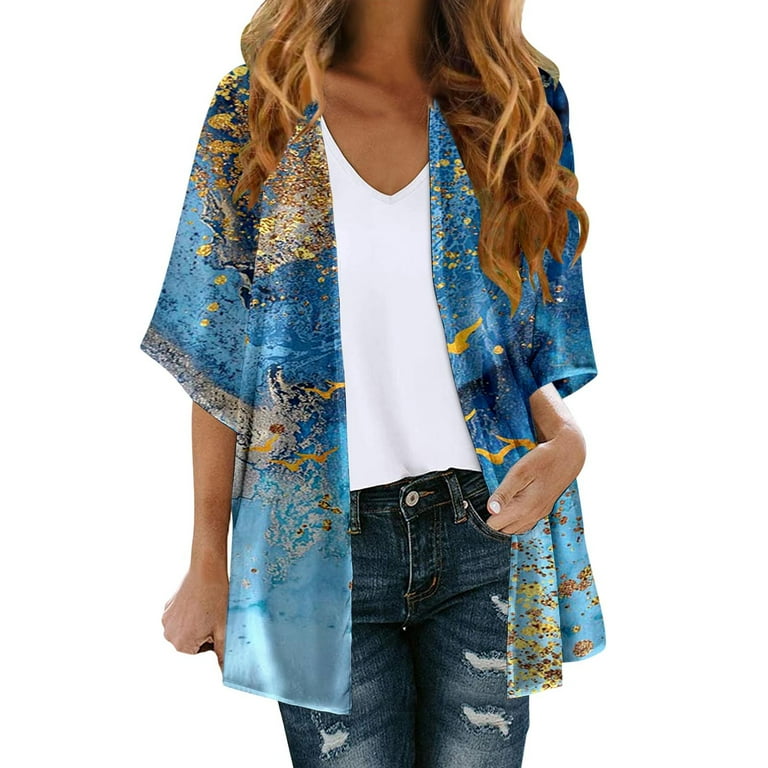 Women Floral Print Kimono Cardigan Loose Cover Up Fashion Three Quarter Sleeve Blouse Tops Cardigans for Women Striped Trench Cardigan for Women Work Outfits for Women Office Knit Sweater Cardigan Wal...