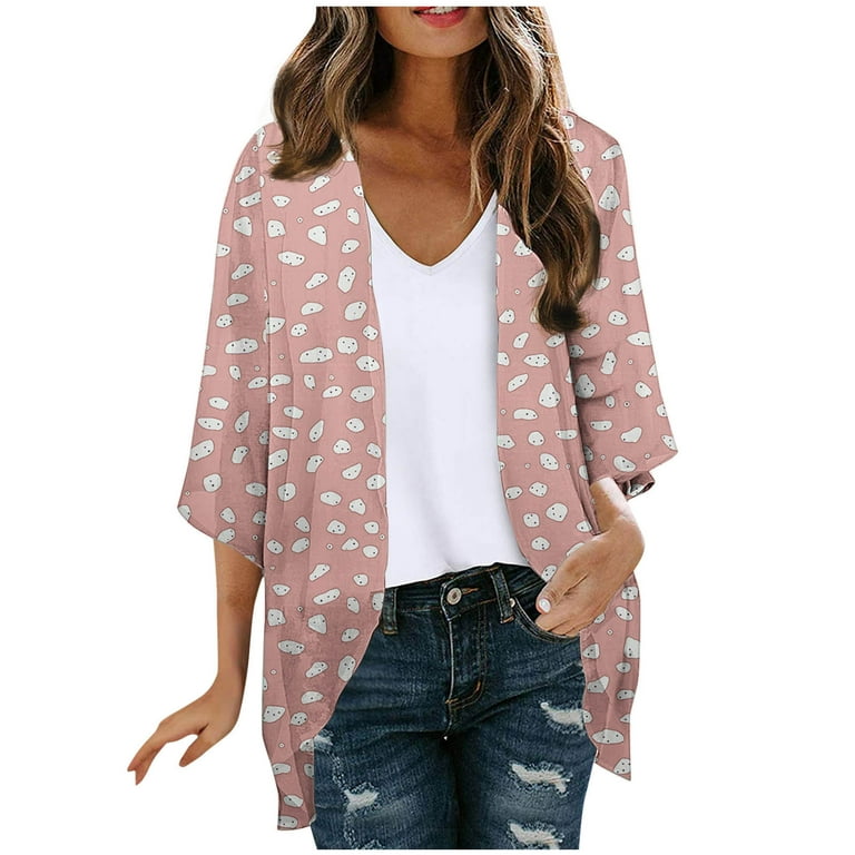 Women Floral Print Kimono Cardigans Loose 3/4 Sleeve Shawl Chiffon