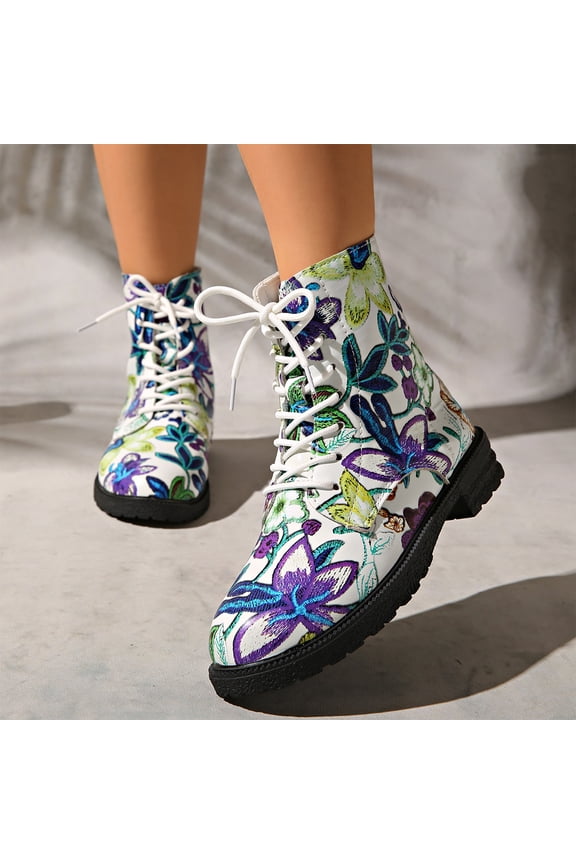 Women All Over Floral Print Lace Up Mid Top Platform Combat Boots, Lightweight Woven Fabric, Moderate Cushioned Footbed, Textured Rubber Outsole, Colorful Retro Silhouette for Daily,Multicolor 5.5