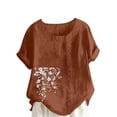 thumbnail image 1 of Women Floral Print Linen Shirts Short Sleeve Gauze Tops Loose Round Neck Cotton Blouses Trendy Summer Vacation Clothing, 1 of 5