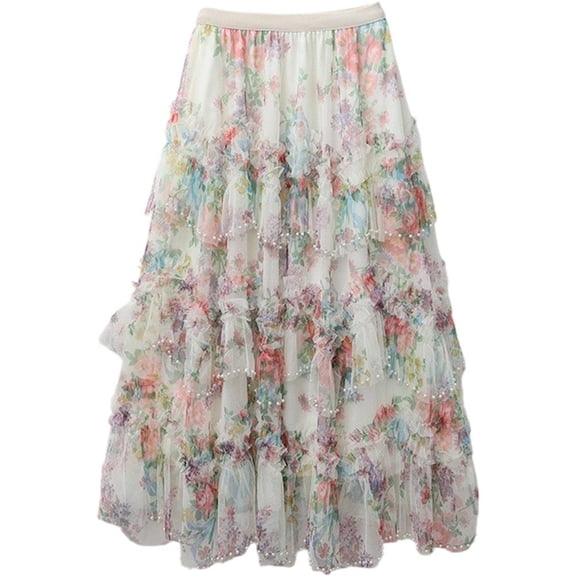 Women Floral Print Long Skirt Elastic High Waist Skirt irregular hem Mesh Skirt Pleated Dress Elegant Streetwear Tulle Skirt