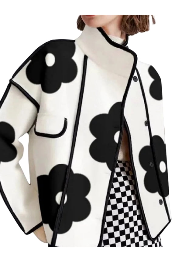 Women Floral Print Long Sleeve Button Up Stand Collar Jacket Coat for Autumn Winter White S