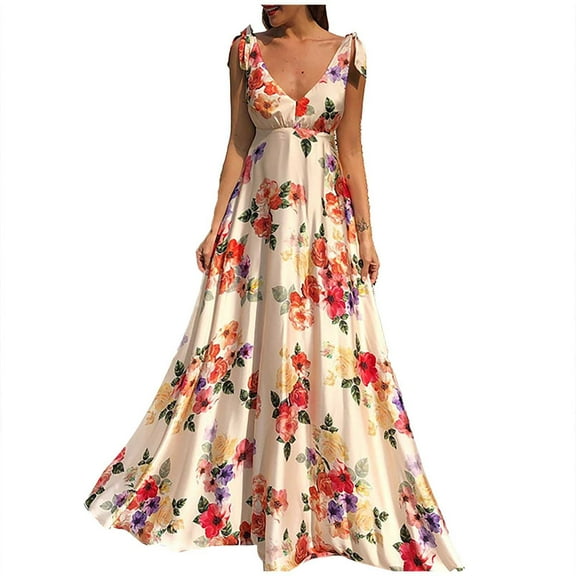 Women Floral Print Maxi Dress Sleeveless Swing A-Line Long Dresses For Summer Boho Sundress