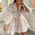 thumbnail image 1 of Women Floral Print Mini Dress High Waist A-Line Summer Autumn Long Sleeve V Neck Dresses Vintage Beach Vacation Casual Vestidos, 1 of 9