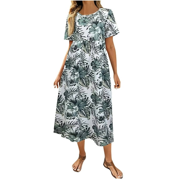 Women Floral Print Puff Short Sleeve Tiered A-Line Swing Midi Dress with Pockets