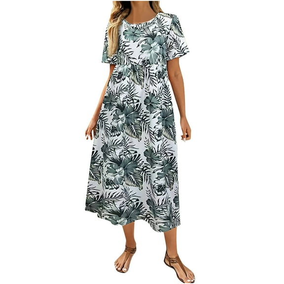 Women Floral Print Puff Short Sleeve Tiered A-Line Swing Midi Dress with Pockets