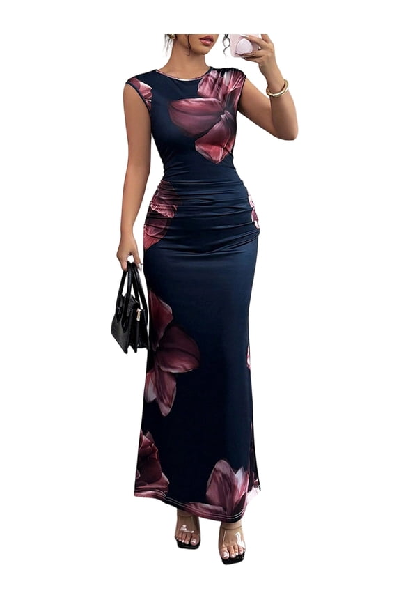 Women Floral Print Ruched Bodycon Dress Elegant Crew Neck Sleeveless Maxi Dresses Navy Blue L