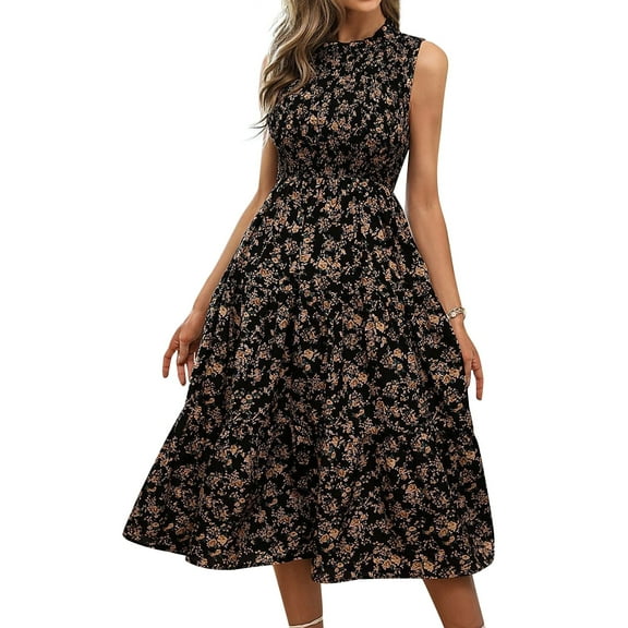 Women Floral Print Ruffle Crew Neck Sleeveless Midi Dress Fashion Casual Dress.