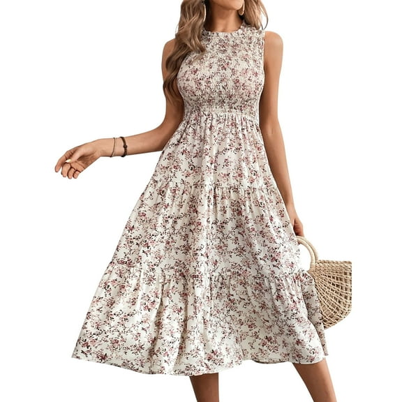 Women Floral Print Ruffle Crew Neck Sleeveless Midi Dress Fashion Casual Dress.