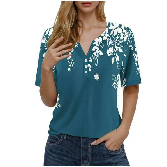 Women Floral Print Shirts Button Down Henley V Neck Causal Tops Short Sleeve Loose Fit Tunic Blouses