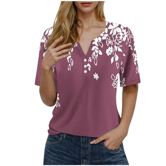 Women Floral Print Shirts Button Down Henley V Neck Causal Tops Short Sleeve Loose Fit Tunic Blouses