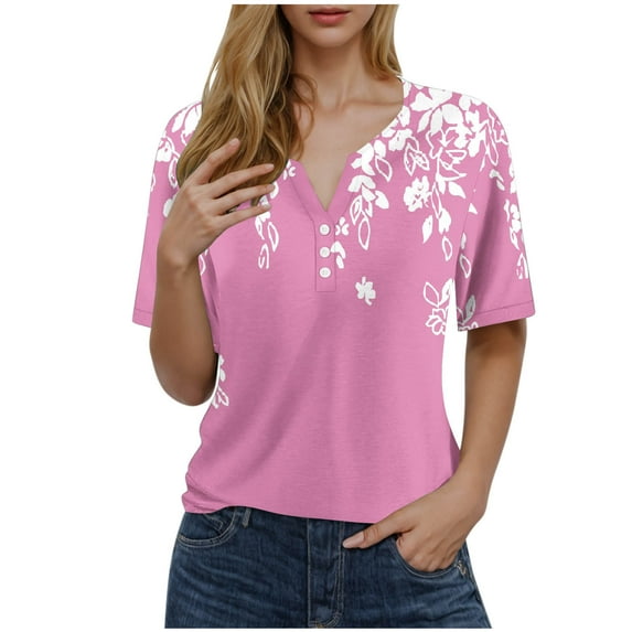 Women Floral Print Shirts Button Down Henley V Neck Causal Tops Short Sleeve Loose Fit Tunic Blouses