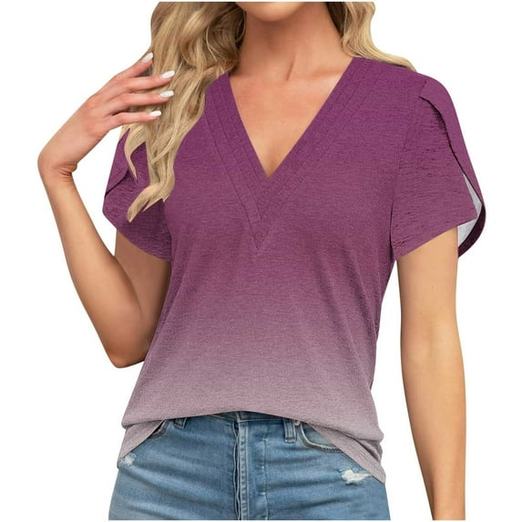 Women Floral Print Shirts Petal Sleeve Tops For Women V Neck Tees Casual Comfy Top Female Basic Loose Fit T-Shirts