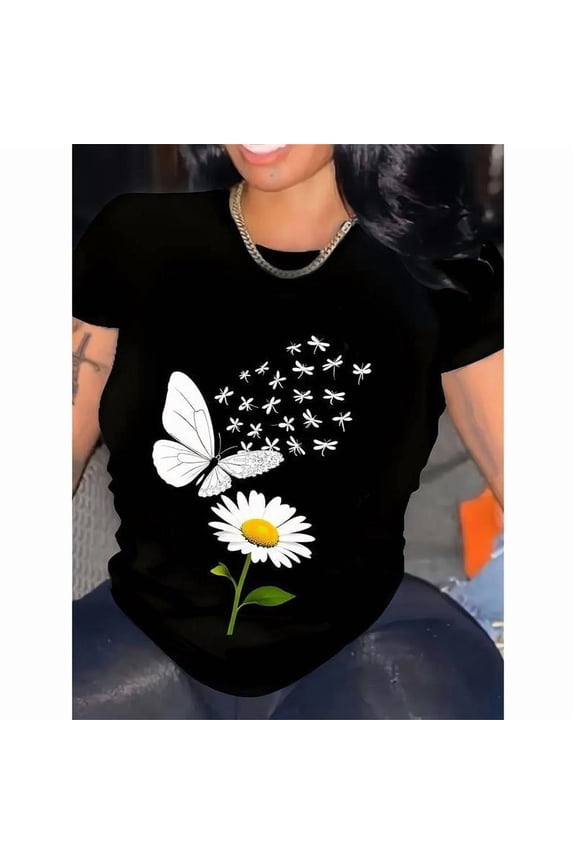 Women Floral Print T-Shirt Tee Top V Neck Short Sleeve Casual Spring Summer Tops T Shirts Black S-5XL