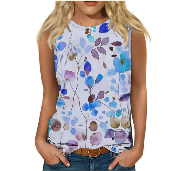 Women Floral Print Tank Top Round Neck Dressy Tank Plus Size Sleeveless Tops Oversized Tank Tops Women's Plus Size Tank Tops