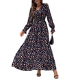 thumbnail image 1 of Women Floral Print V Neck A-Line Maxi Dress Long Sleeves Casual Wrap Autumn Beach Swing Black L, 1 of 9