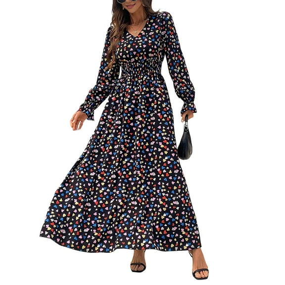 Women Floral Print V Neck A-Line Maxi Dress Long Sleeves Casual Wrap Autumn Beach Swing Black L