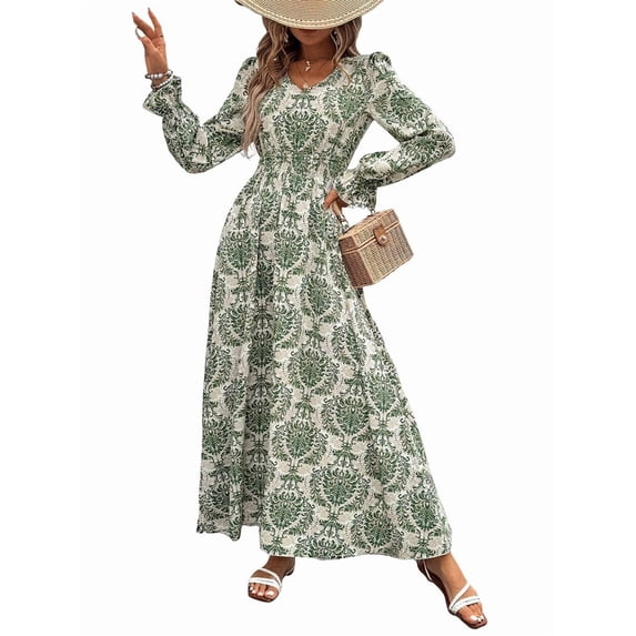 Women Floral Print V Neck A-Line Maxi Dress Long Sleeves Casual Wrap Autumn Beach Swing Green XL
