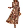 thumbnail image 1 of Women Floral Print V Neck A-Line Maxi Dress Long Sleeves Casual Wrap Autumn Beach Swing Light Brown XL, 1 of 9