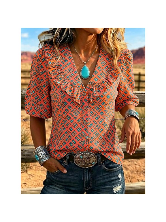 Women Floral Print V Neck Blouse, Ruffle Trim Puff Half Sleeve Button Down Shirt, Lightweight Polyester Casual Tops for Western Daily Vacation