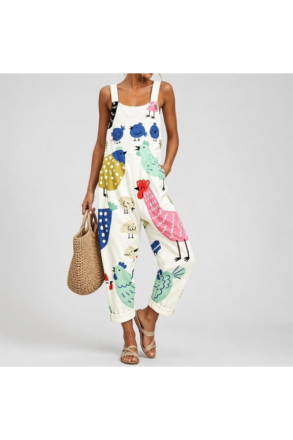 Women Floral Printed Adjustable Strap Denim Bib Overall Wide Leg Jeans Casual Baggy Overalls Jumpsuit Lightweight Pocket Baggy Dungarees(White,XXL)